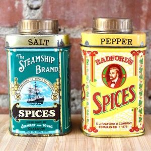 VINTAGE Style “Spice Tins” Salt & Pepper Shakers Steamship Scotish Retro Radford